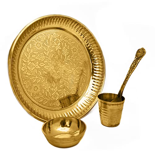 Satvik Brass 4 Pc Bhog Thali Set for Laddu Gopal with Glass, Bowl and Pooja Spoon for Home and Temple Kanha Ji Bhog Plate Set (Large) - size: Large