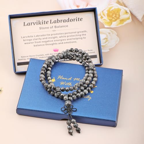 AD Beads 6mm 8mm 108 Prayer Mala Jasper Elastic Bracelet - Handmade Yoga Meditation Healing Power Energy Gifts for Unisex Adult. - color: Larvikite Labradorite(Balance )