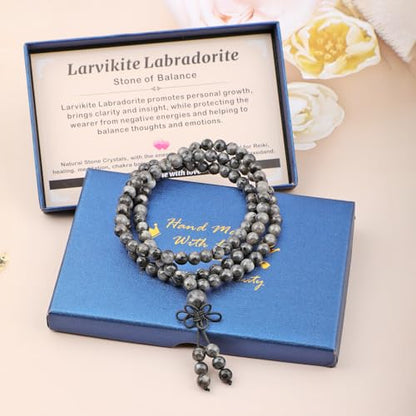 AD Beads 6mm 8mm 108 Prayer Mala Jasper Elastic Bracelet - Handmade Yoga Meditation Healing Power Energy Gifts for Unisex Adult. - color: Larvikite Labradorite(Balance )