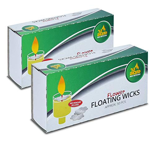 Flower Shaped Floating Wicks - 100 Count (Approx.), Cotton Wicks and Cork Disc Holders for Oil Cups - Bonus Wick Removal Tweezers - by Ner Mitzvah - size: 2 Pack
