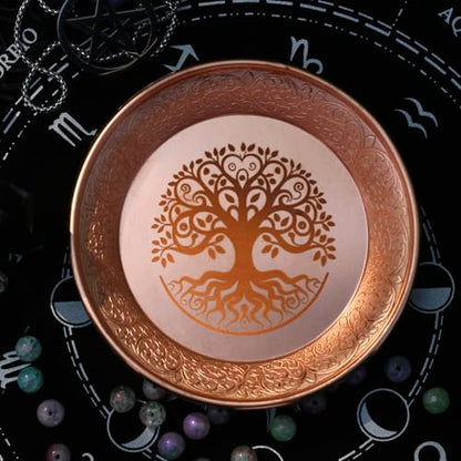 Copper Offering Ritual Bowl - Carving Tree of Life Brass Decorative Plate Great for use Witches,Smudging, Incense Burner Holder,Candle Dish, Ash Catcher,Jewelry Dish,Keys Basket - style: Tree of Life