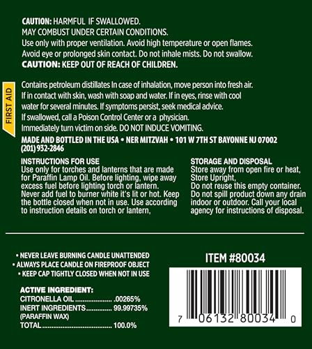 Ner Mitzvah Citronella Scented Lamp Oil, 2 Liter Smokeless and Odorless Insect and Mosquito Repellent Paraffin Lamp Oil for Indoor and Outdoor, Torches and Oil Candle - size: 67 Ounces (2 Liters)