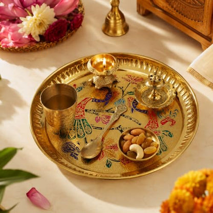Decorative Brass Pooja Thali Set of 6 Pcs Brass Pooja 1 Plate with 1 Bowl 1 Diya 1 Spoon 1 Glass and 1 Incense Stand for Indian Traditional Festival Decorations Temple Home Bhog(Thali Size:-8") - size: 8 Inches