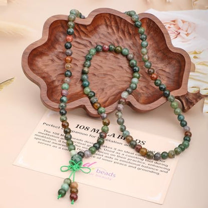 AD Beads 6mm 8mm 108 Prayer Mala Jasper Elastic Bracelet - Handmade Yoga Meditation Healing Power Energy Gifts for Unisex Adult. - color: India Agate(Peaceful)