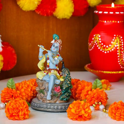 alikiki Hindu God Krishna Statue - 5.5”H India Lord Krishna Idol Play the Flute w/Peacock Murti Item Home Office Temple Mandir Shrine Altar Pooja Decor Diwali Puja Decor Gifts for Indian Friend