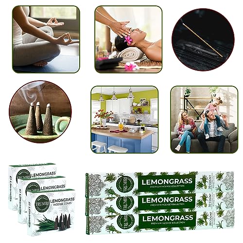 Lemongrass Incense Sticks & Incense Cones Combo Pack - 60 Insence-Sticks + 30 Insence Cones - Inscense - Incense Cones Scented - Insents - color: Lemongrass