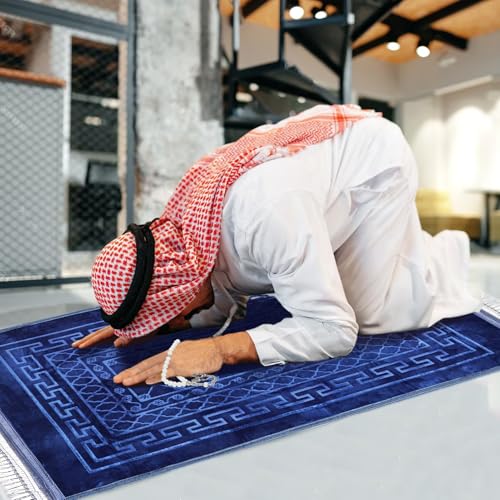 FUMMI Soft Padded Muslim Prayer Rug with Tasbih Beads, Thick Non-Slip Islamic Prayer Mat, Luxurious Janamaz for Men & Women (Blue) - color: Blue(with Counter)
