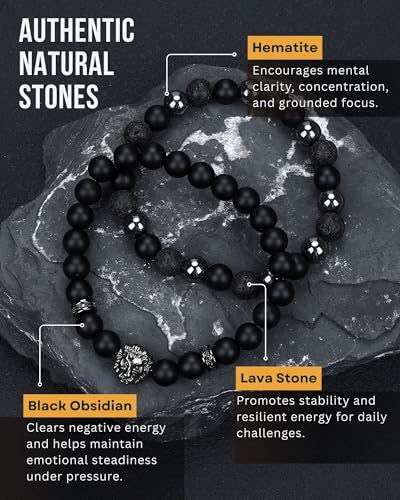 Mens Beaded Bracelets, Cross Bracelet for Men with Hematite Black Obsidian Lava Stone Triple Protection Bracelets for Men - size: Medium, style: Lion
