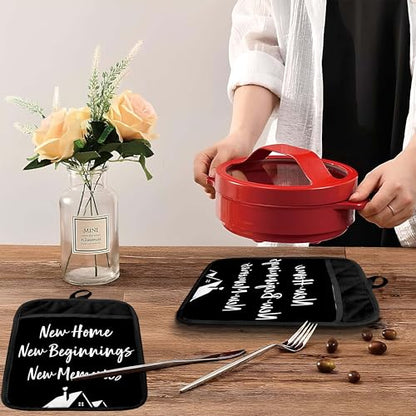 New Home Gifts Pot Holders with Pockets, Housewarming Gifts for Women Men, New Home Beginnings Memories Oven Pot Holders Heat Resistant Oven Mitts Hot Pads for Kitchen Baking Cooking - color: Black Sweet Home-b