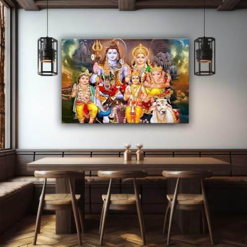 Shiva Family Canvas Wall Art Hindu Deity Poster (Framed,28x40 inch) - size: 28x40 inch