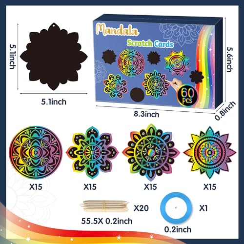 BeYumi 60Pcs Mandala Scratch Cards for Kids Diwali DIY Magic Scratch Off Paper Art Hanging Floral Rangoli Ornaments Gift Set School Classroom Art Activity Supplies Festival Party Favors Home Decor - style: Mandala