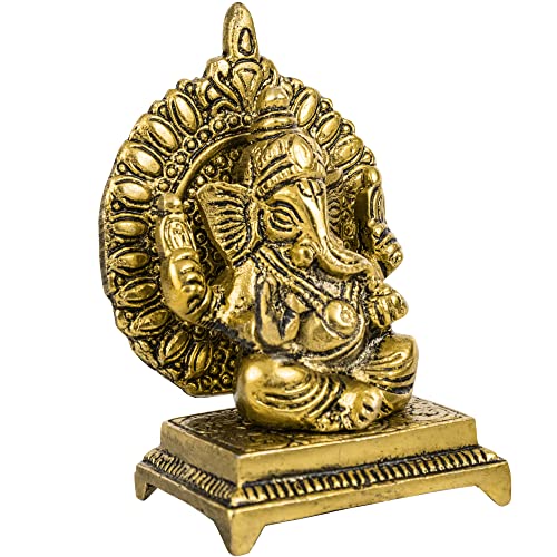 Spillbox Oxidised Finished Sinhasan Ganesha Brass God Idol Statue Showpiece for Home Office Figurine Religious Pooja | Puja Items Gift Living Room Decoration Home Décor, 6 X 9, Gold