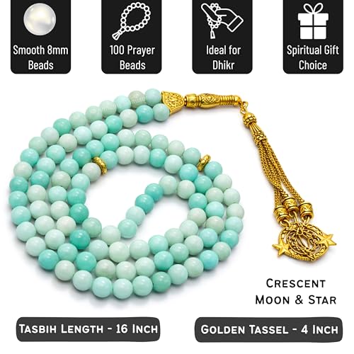 Amazing Gemstone Crystal Tasbeeh with Moon and Star Charm - Certified Crystal Muslim Prayer Beads Natural Gemstone Tasbih Gift for Ramadan Dhikr and Daily Namaz (G) - color: Amazonite