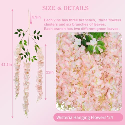 Wisteria Hanging Flowers, 24 Pcs Artificial Wisteria Garland Flower Vines - color: Light Pink, size: 24 Pack