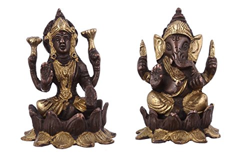 Purpledip Lakshmi Ganesha On Lotus Flower: Brass Statue Set in Unique Copper-Gold Finish; Rare Collection Idols for Home Temple (10947)