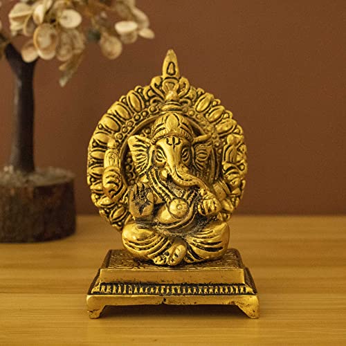 Spillbox Oxidised Finished Sinhasan Ganesha Brass God Idol Statue Showpiece for Home Office Figurine Religious Pooja | Puja Items Gift Living Room Decoration Home Décor, 6 X 9, Gold