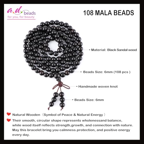 AD Beads 6mm 8mm 108 Prayer Mala Jasper Elastic Bracelet - Handmade Yoga Meditation Healing Power Energy Gifts for Unisex Adult. - color: Black Sandal wood Jasper(Creativity)