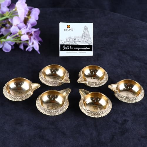 SATVIK Set of 6 - Pure Brass Kuber Diya for Diwali Decoration | Traditional Puja Oil Lamp for Home Temple | Brass Diya for Diwali Pooja & Festive Use - style: SET OF 6