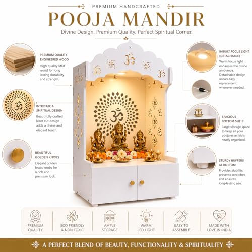 Om Chakra Floor Temple with Spacious Wooden Shelf Inbuilt Focus Light Finish, 38 inch, 57 cm White - color: White2, size: Large