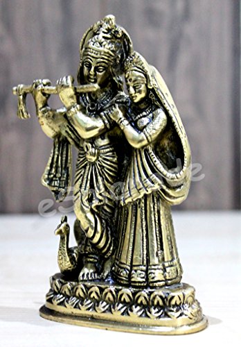 StonKraft - Radha Krishna Pair Murti Idol Statue Sculpture - Brass - 6" Inches - Antique