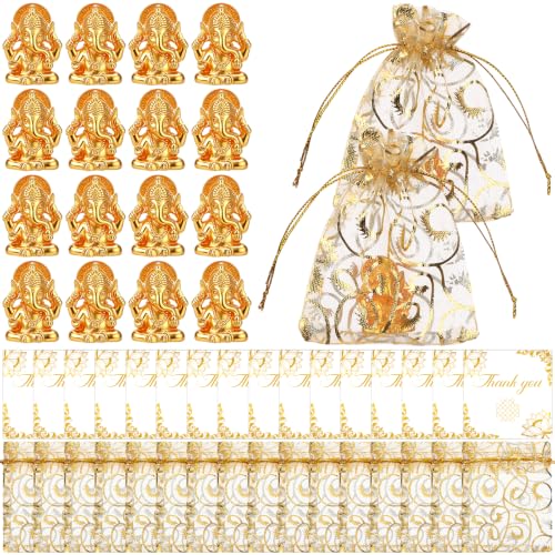 16 Sets Return Gifts for Pooja Resin Small Ganesha Statues Thank You Card - color: Golden16