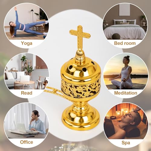 1 PCS Catholic Church Incense Holder with Cross Lid, Home&Altar Incense Burner, Charcoal Censer Incense Burner, Unique Meditation Gift, Frankincense Resin Bakhoor Burner (Gold)