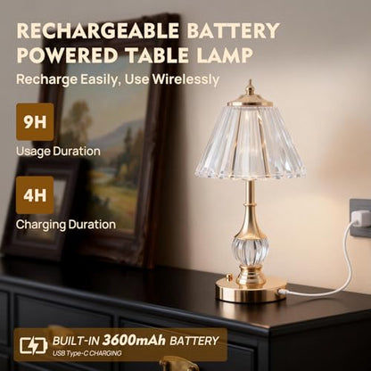 Gold Crystal Battery Operated Rechargeable Lamp Cordless, Pleated - color: Gold-Pleated
