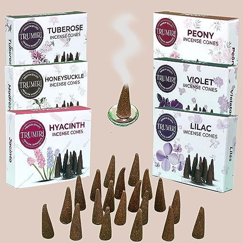 TRUMIRI Blossom Incense Cones - Variety Pack - Total 60 Cone Incense (6 Scents x 10 Conos) - Peony, Lilac, Violet, Honeysuckle, Hyacinth, Tuberose - Cone Incense Scents - Insense Cones - Incent Cone - color: Blossom