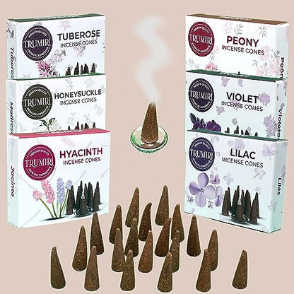 TRUMIRI Blossom Incense Cones - Variety Pack - Total 60 Cone Incense (6 Scents x 10 Conos) - Peony, Lilac, Violet, Honeysuckle, Hyacinth, Tuberose - Cone Incense Scents - Insense Cones - Incent Cone - color: Blossom