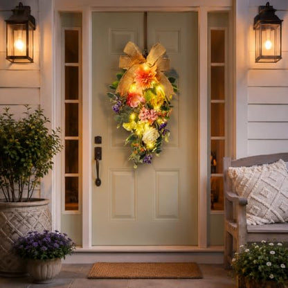 Svndlyn Lighted Spring Summer Floral Teardrop Swag with Burlap Bow, Dahlia