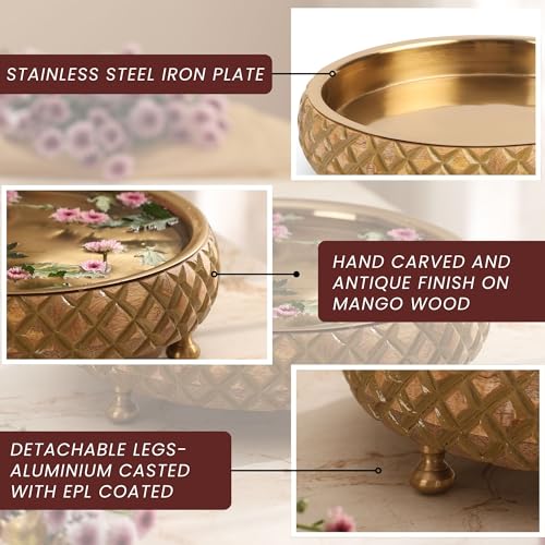 Ritualistic Chitra Handcarved Wooden Urli Bowl 11.5" Diameter | Mango Wood with Geometric Barfi Carving & Detachable Legs | Floating Candles, Flowers & Festive Décor | Diwali Housewarming Premium Gift - style: Chitra Wooden Urli