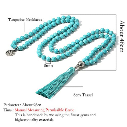 108 Mala Prayer Beads Necklace Natural Stones Meditation Yoga Jewery 108 Hand Knotted Japa Mala Beaded Long Tassel Necklace with Tree of Life Pendant for Men and Women - color: 8mm blue turquoise