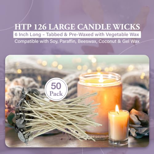 HTP 126 | 6 Inch Candle Wicks, 50 Count Pre-Waxed Pre-Tabbed - size: 50 HTP - 126