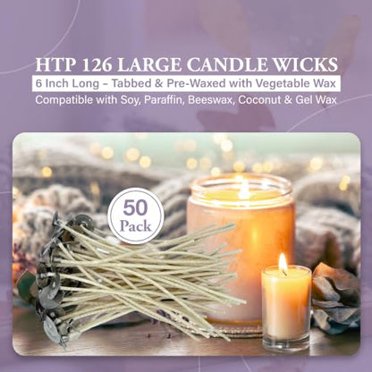 HTP 126 | 6 Inch Candle Wicks, 50 Count Pre-Waxed Pre-Tabbed - size: 50 HTP - 126