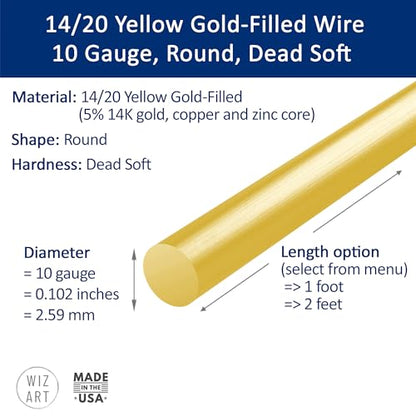 10 Gauge, Round, Dead Soft, 14/20 Yellow Gold-Filled Wire - 2 FT - for Jewelry Art from WIZART - size: 2 FT, style: 10 Gauge