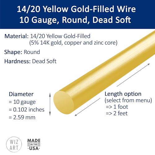 10 Gauge, Round, Dead Soft, 14/20 Yellow Gold-Filled Wire - 1 FT - for Jewelry Art from WIZART - size: 1 FT, style: 10 Gauge