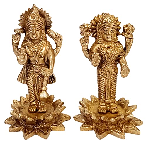 Purpledip Purledip Brass Idols Vishnu Laxmi On Lotus: Glorious Statue Set for Home Temple Or Display Collection (12644)