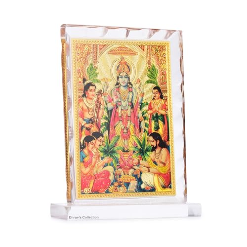 DHRUVS COLLECTION Gold Plated Vishnu Narayan, Satya Narayan Idol Acrylic Diamond Cut Photo Frame Stand for Home Decor, Car Dashboard, Office Table, Temple, Housewarming Gift (10.5 x 8 Centimeters) - color: Vishnu Narayan