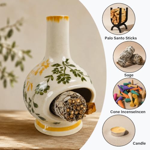 MOUGIGI Palo Santo Burner with Chimney-Ceramic Incense Holder for Sage,Cone - color: Vines-green