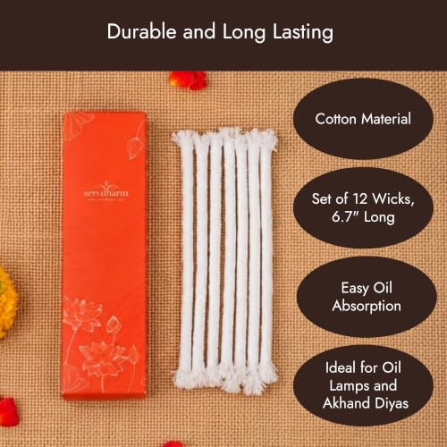 ServDharm Oil Lamp Wicks 6.7" | Akhand Jyoti Diya Long Twisted Cotton Wicks for Pooja | Pack of 12