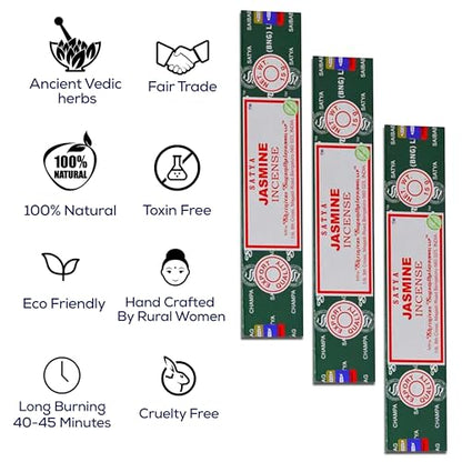 Satya Nagchampa Jasmine Incense Sticks, Satya Bng (Bangalore) Insenses 15gmx3 Pack (45 GMS) with Raajsee Incense Holder Bundle, Satya Nagchampa Natural Incense - color: Jasmine