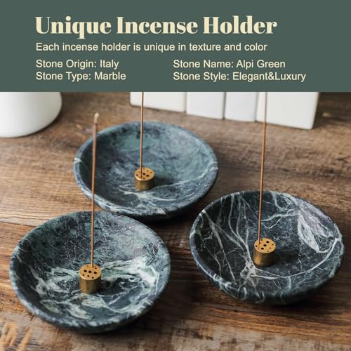 Koville Natural Marble Incense Holder, Incense Holder for Sticks with 9 Holes, Handmade Incense Burner Ash Catcher for Meditation Yoga SPA, Balsam Fir/Palo Santo/Sage/Cone (Green) - color: D=150-alpi Green