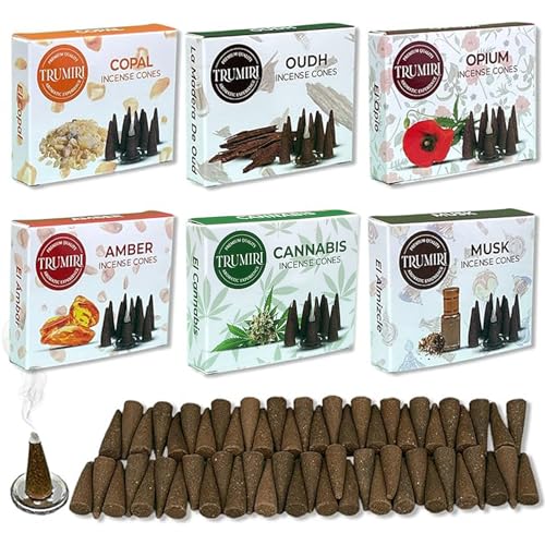 TRUMIRI Exotic Incense Cones - Variety Pack - Total 60 Cone Incense (6 Scents x 10 Conos) - Copal, Oud, Musk, Amber - Cone Incense Scents - Insense Cones - Incent Cone - color: Exotic