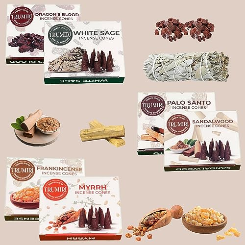 Trumiri Woody Incense Cones - Variety Pack - Total 60 Cone Incense (6 Scents x 10 Conos) - White Sage, Palo Santo, Dragons Blood, Sandalwood - Inscents-Cones Scented - Insense Cones - Incent Cone - color: Woody