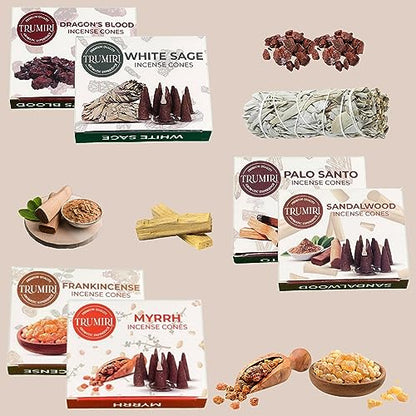 Trumiri Woody Incense Cones - Variety Pack - Total 60 Cone Incense (6 Scents x 10 Conos) - White Sage, Palo Santo, Dragons Blood, Sandalwood - Inscents-Cones Scented - Insense Cones - Incent Cone - color: Woody