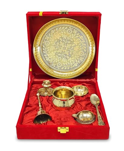 NOBILITY Brass Pooja Thali Set with Red Gift Box 6 Inch Pital Plate Kalash Spoon Chandan Wati Dhup Dan Kuber Diya Ghanti Puja Arti Thali for Diwali Home Office Mandir Wedding Return Gifts - color: Puja Set With Red Box