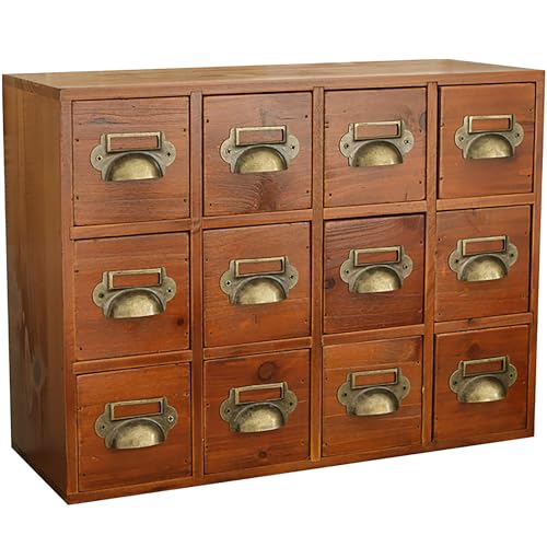 12-Drawer Apothecary Cabinet - Index Card Organizer - Mahogany Wooden Card Catalog - Fits Standard US 3x5in Index Cards - Vintage Desktop Drawer Organizer for Tea, Herbs, and Office Supplies - color: 12 Drawer Stained Wood