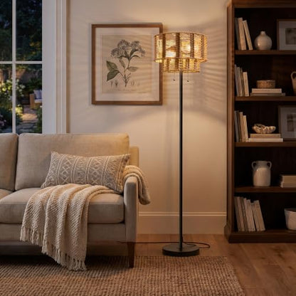 OYEARS 60" Farmhouse Floor Lamps for Living Room, Pull Chain&Rattan Shade