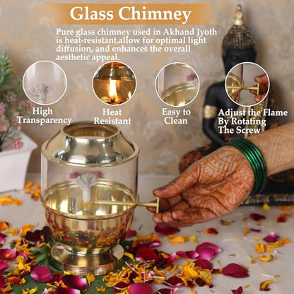 Pure Brass Akhand Jyot Diya with Borosilicate Glass Cover - Medium Size Adjustable Wick Lever 250ml Oil Capacity 48-Hour Burn Time Authentic Oil Lamp for Prayer and Meditation - Gold - size: Medium Without Plate