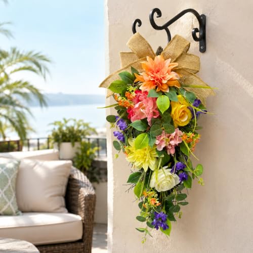 Svndlyn Lighted Spring Summer Floral Teardrop Swag with Burlap Bow, Dahlia
